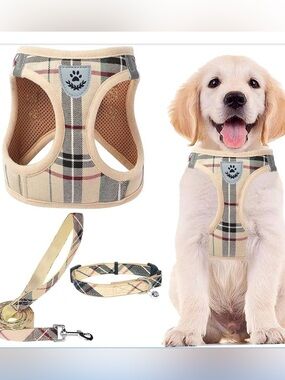 NEW PUPTECK Dog Harness, Collar & Leash Set. Beige plaid. Size Small. NWT